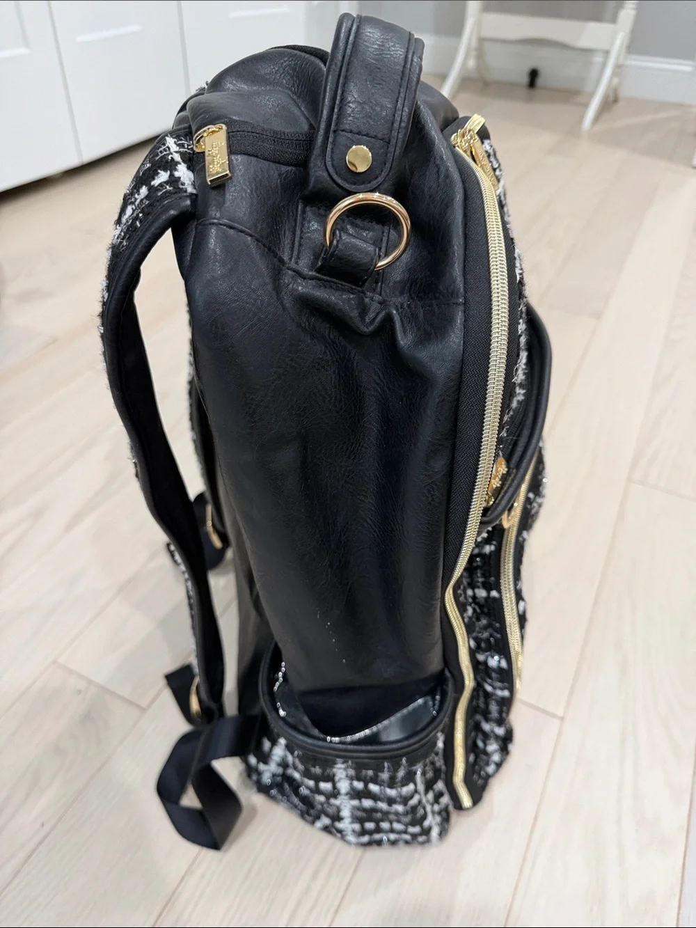 Itzy Ritzy Black & White Tweed Diaper Backpack with Gold Hardware